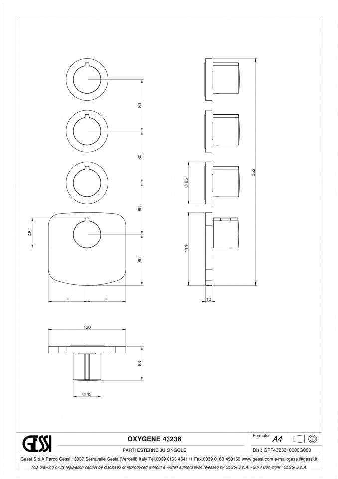 Gessi Anello Thermostatische wandmengkraan, 3-wegomstel, verticale en horizontale installatie, incl. inbouwdeel