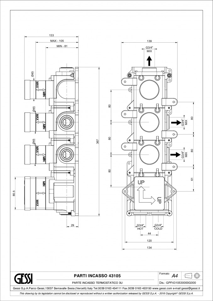 Gessi Anello Thermostatische wandmengkraan, 3-wegomstel, verticale en horizontale installatie, incl. inbouwdeel